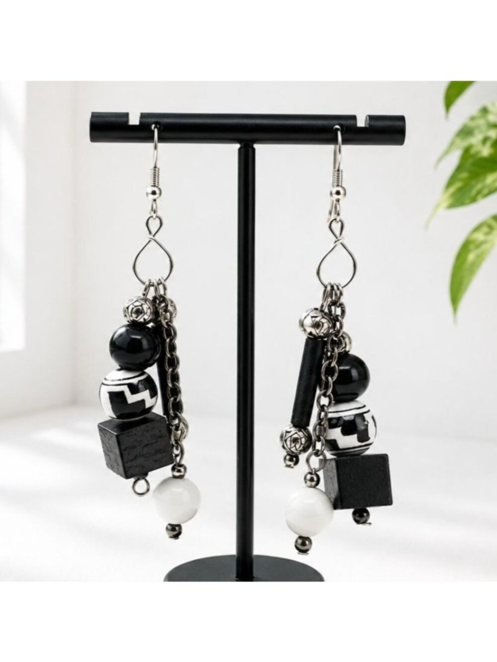 Black & White Beaded Drop Earrings With Geometric Design And‎ Chain Accents